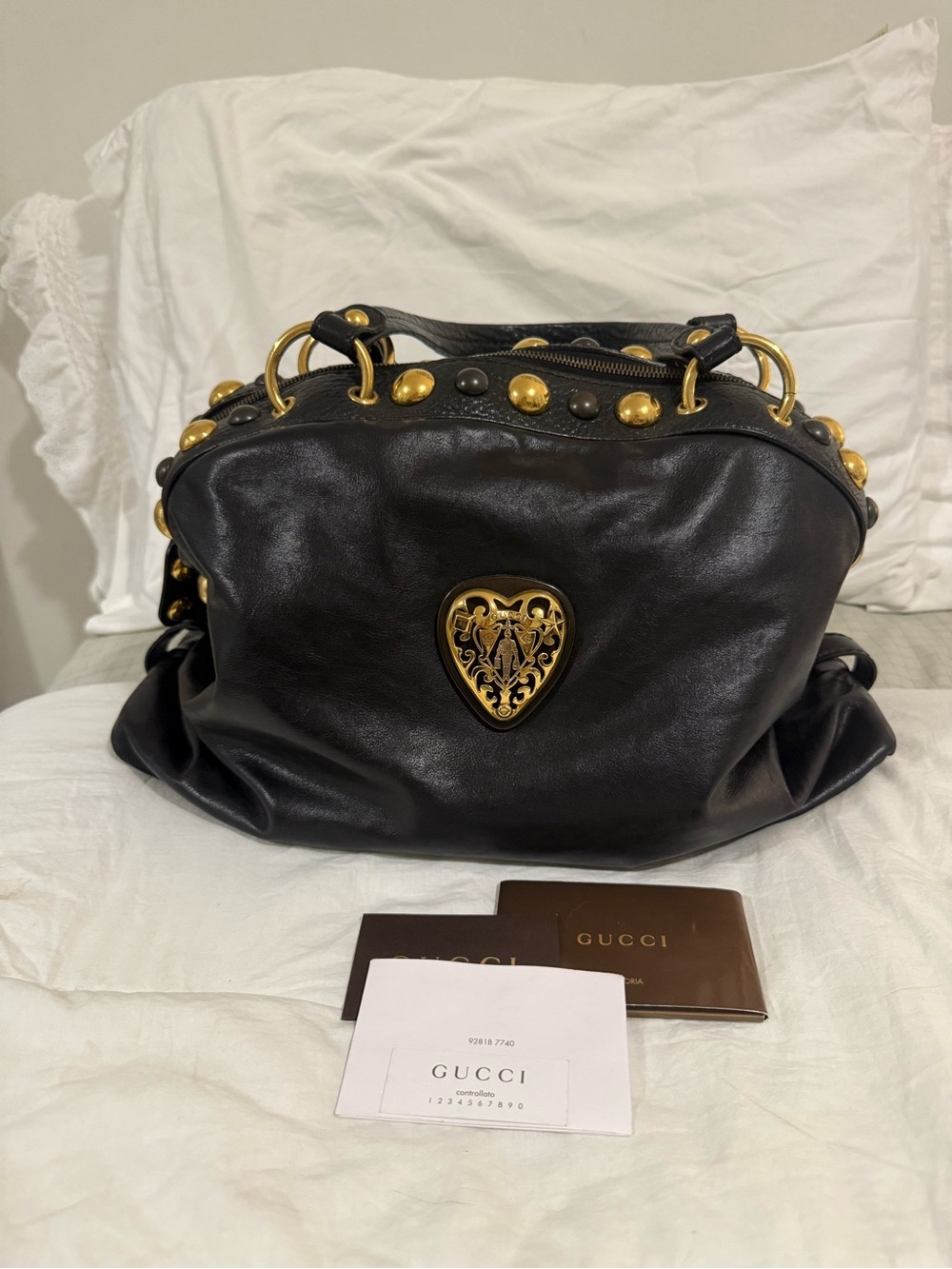 Gucci Black Leather Shoulder Bag with Gold Studs and Heart Emblem